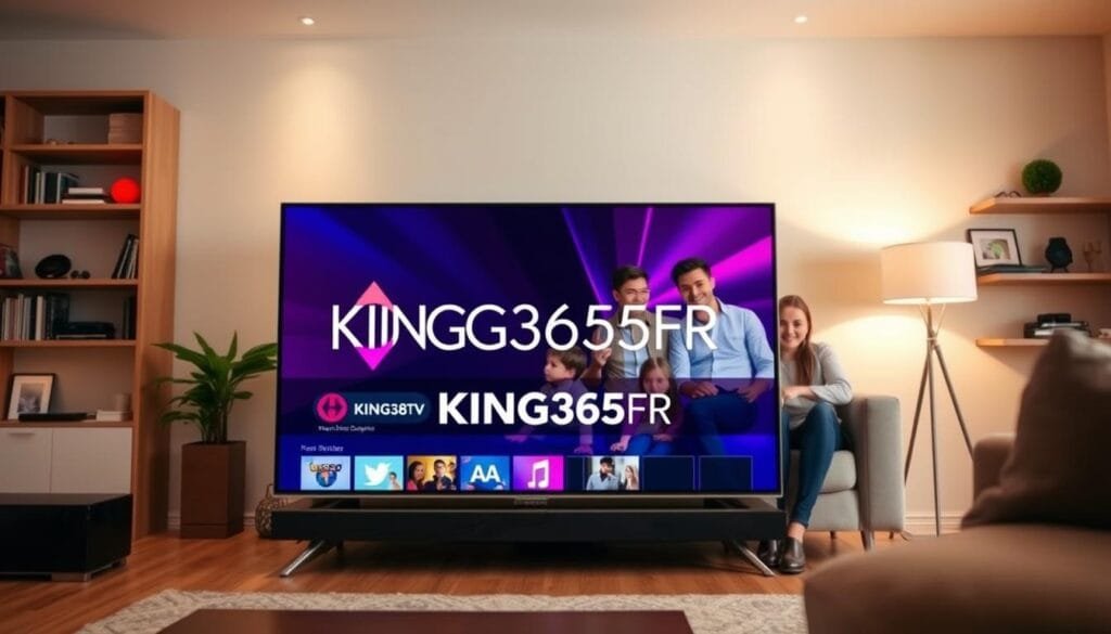 A sleek, modern living room is depicted as the foreground, with a stylish television prominently displaying the logo "KING365FR". The TV screen showcases vibrant streaming content, hinting at a variety of IPTV offerings. In the middle ground, a happy family gathers on a comfortable couch, dressed in smart casual attire, engaging with the content. The background features shelves decorated with books and digital gadgets, subtly indicating technology and entertainment. Soft, warm lighting fills the room, creating a welcoming and cozy atmosphere. The camera angle is slightly low, enhancing the inviting feel of the environment. Overall, the image radiates a sense of enjoyment, connection, and reliability, aligning with the theme of seamless streaming experiences provided by King 365 TV.