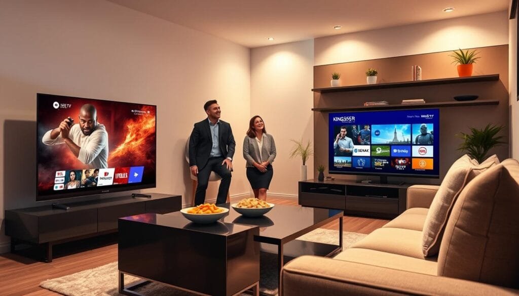 A sleek, modern living room scene illustrates the concept of premium IPTV services, focusing on the brand "KING365FR." In the foreground, an elegant, high-definition television displays vibrant streaming options in a visually appealing interface. A stylish, comfortable sofa is positioned nearby, with a bowl of snacks and a remote control resting on a chic coffee table. In the middle ground, a well-dressed professional couple watches the TV, exuding satisfaction and enjoyment, dressed in smart casual attire. Soft, warm lighting creates a cozy and inviting atmosphere, emphasizing relaxation and entertainment. The background features subtle decorations, like shelves with books and plants, enhancing the modern aesthetic without distraction. The overall mood is one of contentment and comfort, ideal for highlighting the premium IPTV experience.