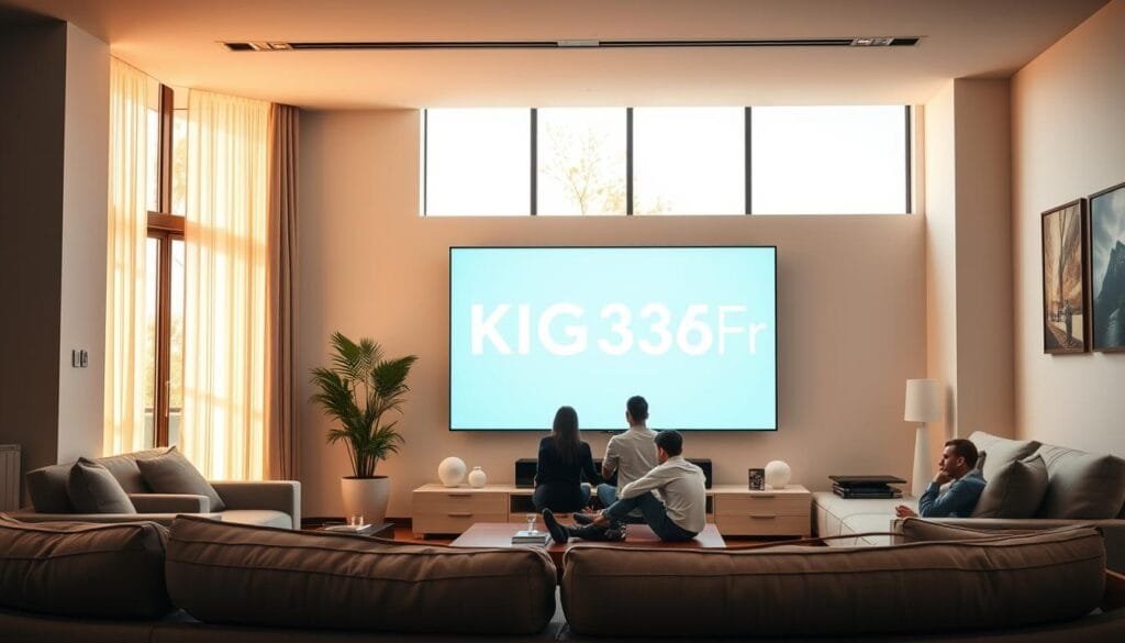 A sleek, modern living room setting as the foreground, showcasing a large flat-screen TV displaying the logo "KING365FR" prominently. Surrounding the TV are stylish furniture pieces in neutral tones, creating a cozy yet sophisticated atmosphere. In the middle ground, a family is enjoying IPTV content together, depicted in professional casual attire, conveying a sense of relaxation and enjoyment. The background features a large window letting in warm, natural light, enhancing the inviting mood of the scene. The overall composition invites a sense of comfort and community while focusing on the IPTV service. The image should be well-lit with soft shadows to emphasize the warmth of the environment, captured from a slightly elevated angle to include both the family and the TV prominently in the frame. Comment s'abonner a iptv king365