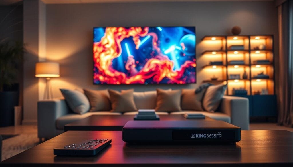 A sleek, modern living room setting, showcasing a high-definition television displaying vibrant, stunning digital content representing "4K UHD streaming" with intricate graphics and rich colors. In the foreground, a stylish coffee table hosts a remote control and an IPTV box labeled "KING365FR," emphasizing its role in delivering premium entertainment. The middle ground features a comfortable sofa adorned with plush cushions, inviting viewers to engage with the IPTV experience. In the background, softly illuminated shelves display books and decorative items, creating a cozy atmosphere. Warm lighting enhances the inviting feel of the room, casting gentle shadows. The overall mood is professional yet relaxed, reflecting the advancement of IPTV services in 2026 and their integration into modern home entertainment. A sleek, modern living room setting, showcasing a high-definition television displaying vibrant, stunning digital content representing "4K UHD streaming" with intricate graphics and rich colors. In the foreground, a stylish coffee table hosts a remote control and an IPTV box labeled "KING365FR," emphasizing its role in delivering premium entertainment. The middle ground features a comfortable sofa adorned with plush cushions, inviting viewers to engage with the IPTV experience. In the background, softly illuminated shelves display books and decorative items, creating a cozy atmosphere. Warm lighting enhances the inviting feel of the room, casting gentle shadows. The overall mood is professional yet relaxed, reflecting the advancement of IPTV services in 2026 and their integration into modern home entertainment.