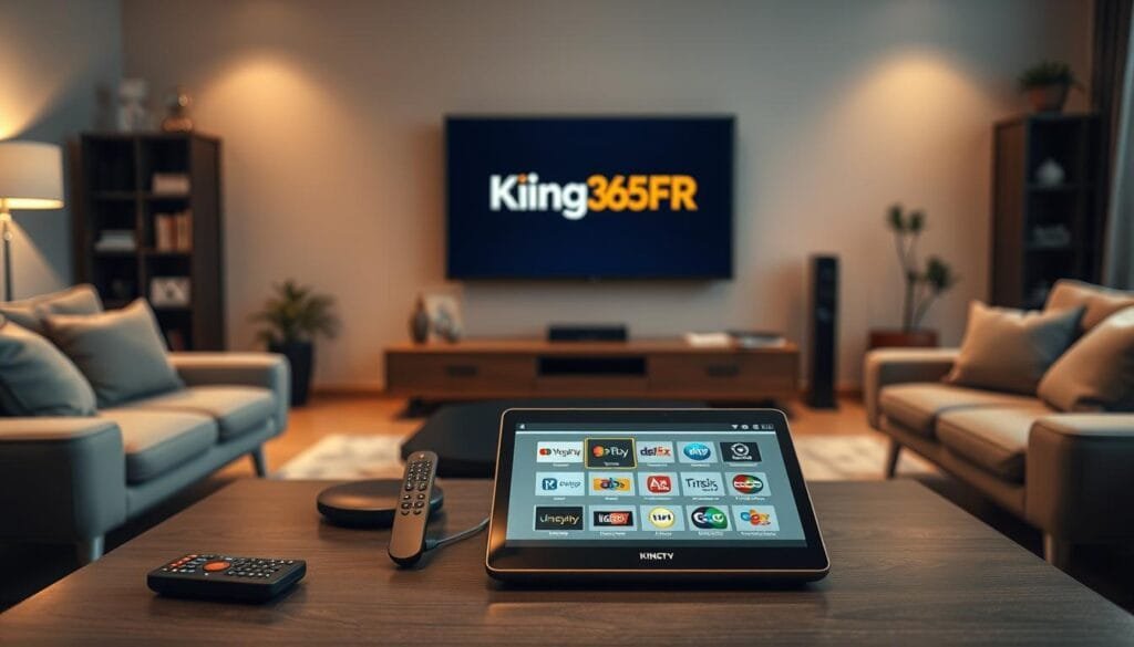 A sleek, modern living room showcasing a high-tech IPTV setup features a smart TV displaying the King365FR logo prominently. The foreground contains a stylish coffee table with a remote control and an open tablet displaying an IPTV interface with various channel options. In the middle ground, a contemporary sofa is positioned around a cozy setting, with soft lighting creating a warm atmosphere. The background features subtle decorations, such as a bookshelf and plants, enhancing the homey feel. The overall mood is professional yet inviting, indicating a premium entertainment experience. The lighting is soft, with warm tones to highlight the IPTV service, shot from a slightly elevated angle for an immersive perspective. A sleek, modern living room showcasing a high-tech IPTV setup features a smart TV displaying the King365FR logo prominently. The foreground contains a stylish coffee table with a remote control and an open tablet displaying an IPTV interface with various channel options. In the middle ground, a contemporary sofa is positioned around a cozy setting, with soft lighting creating a warm atmosphere. The background features subtle decorations, such as a bookshelf and plants, enhancing the homey feel. The overall mood is professional yet inviting, indicating a premium entertainment experience. The lighting is soft, with warm tones to highlight the IPTV service, shot from a slightly elevated angle for an immersive perspective.