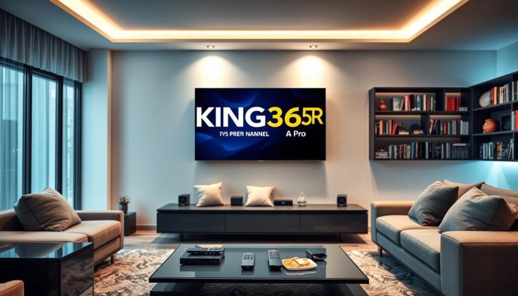 A sleek, modern living room showcasing a large high-definition television displaying the KING365FR logo, representing the IPTV Pro service, surrounded by a variety of streaming devices. In the foreground, a stylish coffee table with remote controls and snacks emphasizes a relaxed viewing atmosphere. In the middle, a comfortable couch with stylish cushions invites viewers to engage with this cutting-edge technology. In the background, soft ambient lighting creates a warm ambiance, highlighting shelves filled with movies and books. The scene captures the essence of contemporary family entertainment and the evolution of IPTV Pro in France. The image should be well-composed with a focus on clarity and detail, emphasizing the excitement and accessibility of thousands of channels offered by IPTV services.