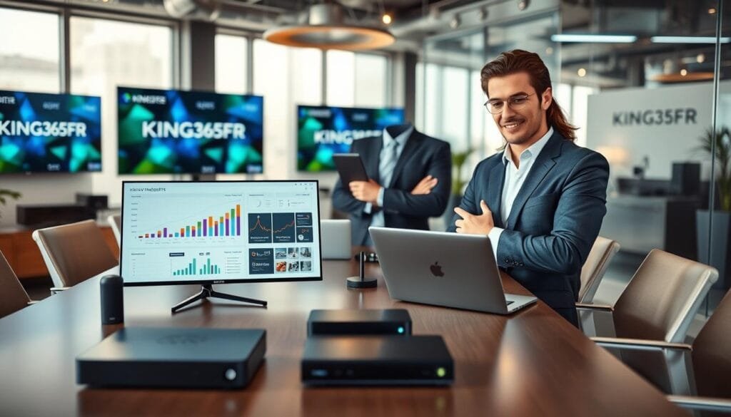 A sleek, modern office environment showcasing a detailed analysis of IPTV services, focused on "KING365FR". In the foreground, a confident marketing expert, dressed in professional business attire, reviews data on a laptop, with vibrant graphs and charts displayed on the screen. The middle ground features a stylish conference table surrounded by devices like smart TVs and streaming boxes, symbolizing advanced technology. The background is adorned with branding materials for KING365FR, blending into a contemporary workspace filled with soft, natural lighting from large windows, creating an inviting atmosphere. The mood is professional and reassuring, highlighting the expertise of IPTV services. A sleek, modern office environment showcasing a detailed analysis of IPTV services, focused on "KING365FR". In the foreground, a confident marketing expert, dressed in professional business attire, reviews data on a laptop, with vibrant graphs and charts displayed on the screen. The middle ground features a stylish conference table surrounded by devices like smart TVs and streaming boxes, symbolizing advanced technology. The background is adorned with branding materials for KING365FR, blending into a contemporary workspace filled with soft, natural lighting from large windows, creating an inviting atmosphere. The mood is professional and reassuring, highlighting the expertise of IPTV services.