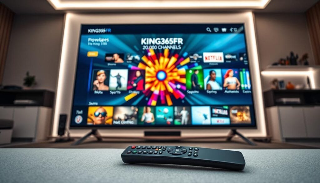 A sleek, modern television displaying a vibrant interface of the "KING365FR" IPTV service, showcasing an array of 20,000 channels. In the foreground, a stylish remote control lies next to the TV, symbolizing user-friendly navigation. In the middle, the television screen bursts with colorful, dynamic graphics representing diverse content categories—movies, sports, documentaries, and kids' shows, all in high-definition. The background features a contemporary living room, subtly illuminated by soft white LED lighting, enhancing the upscale ambiance. A panoramic view from a slightly low angle highlights the sophisticated design of the setup, evoking a feeling of technology and luxury. The overall mood is professional and inviting, illustrating the evolution of IPTV services and their impact on entertainment choices. A sleek, modern television displaying a vibrant interface of the "KING365FR" IPTV service, showcasing an array of 20,000 channels. In the foreground, a stylish remote control lies next to the TV, symbolizing user-friendly navigation. In the middle, the television screen bursts with colorful, dynamic graphics representing diverse content categories—movies, sports, documentaries, and kids' shows, all in high-definition. The background features a contemporary living room, subtly illuminated by soft white LED lighting, enhancing the upscale ambiance. A panoramic view from a slightly low angle highlights the sophisticated design of the setup, evoking a feeling of technology and luxury. The overall mood is professional and inviting, illustrating the evolution of IPTV services and their impact on entertainment choices.