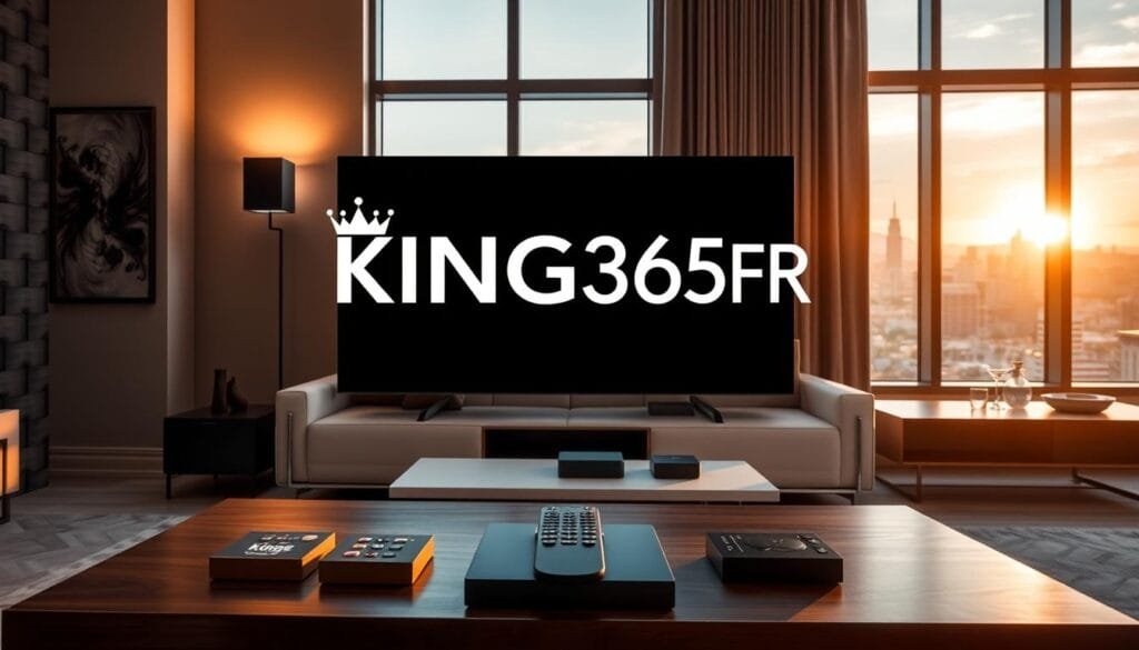 A sophisticated living room setting showcasing a high-end television displaying the KING365FR logo prominently. In the foreground, a modern coffee table is adorned with a remote control and stylish coasters. In the middle, a comfortable sofa is set against an elegantly decorated wall, with soft lighting emanating from contemporary lamps, creating a warm and inviting atmosphere. A sleek, minimalist media console holds streaming devices, suggesting a premium entertainment experience. In the background, large windows reveal a city skyline at sunset, casting a golden glow that enhances the luxurious mood. The scene conveys a sense of comfort and advanced technology, ideal for showcasing KING365’s streaming offerings. The image embodies professionalism and reliability, perfect for the discerning viewer.
