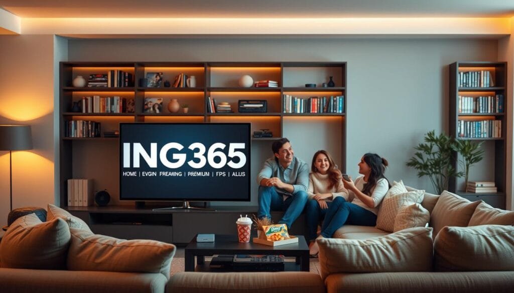 A stylish, modern living room setting as the foreground, featuring a sleek flat-screen TV displaying the logo "KING365FR" prominently. Include a comfortable sofa adorned with plush cushions, a small coffee table with a streaming device and snacks, and a subtle ambiance of soft golden lighting, suggesting a cozy streaming night. In the middle, a family of four is gathered, dressed in smart-casual clothing, engaging joyfully while watching their favorite content, radiating warmth and togetherness. The background showcases a contemporary bookshelf filled with DVDs and books on technology and entertainment, enhancing the atmosphere of a home-centric streaming experience. The scene should convey a mood of relaxation, enjoyment, and premium entertainment options. A stylish, modern living room setting as the foreground, featuring a sleek flat-screen TV displaying the logo "KING365FR" prominently. Include a comfortable sofa adorned with plush cushions, a small coffee table with a streaming device and snacks, and a subtle ambiance of soft golden lighting, suggesting a cozy streaming night. In the middle, a family of four is gathered, dressed in smart-casual clothing, engaging joyfully while watching their favorite content, radiating warmth and togetherness. The background showcases a contemporary bookshelf filled with DVDs and books on technology and entertainment, enhancing the atmosphere of a home-centric streaming experience. The scene should convey a mood of relaxation, enjoyment, and premium entertainment options.