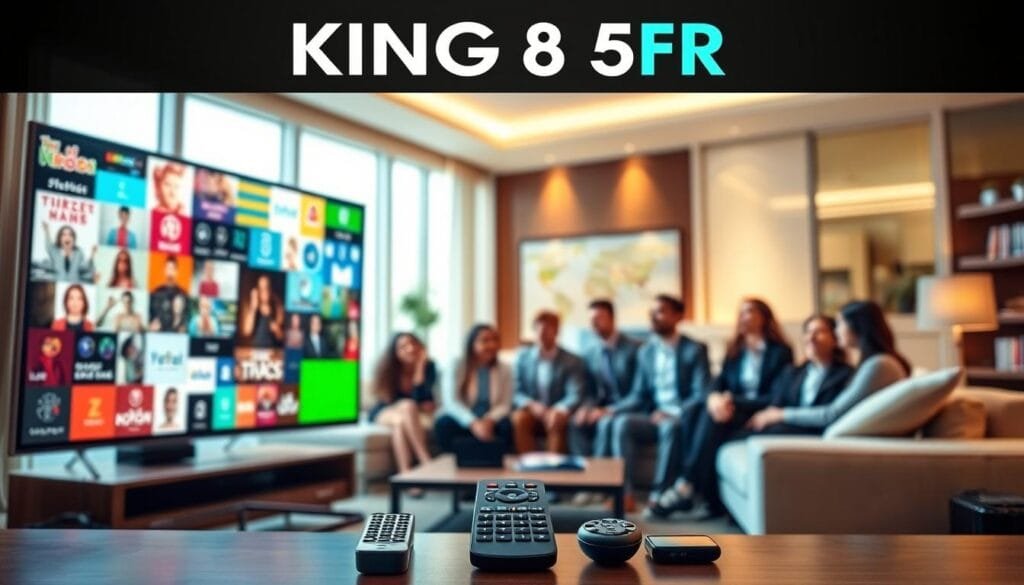 A vibrant digital landscape showcasing the essence of KING365FR, highlighted as a premier IPTV provider. In the foreground, a sleek, modern television displays colorful, engaging content, symbolizing the wealth of 20,000 channels offered. Surrounding it, remote controls and smart devices signify easy access and user interaction. In the middle, a diverse group of people in professional business attire captures a moment of joy and engagement as they watch content together. The background features a soft-focus living room setting with cozy lighting, creating an inviting and warm atmosphere. Natural light filters in through large windows, accentuating the excitement of entertainment at home. Overall, the mood is vibrant and reassuring, emphasizing the revolutionary impact of KING365FR on modern entertainment experiences.