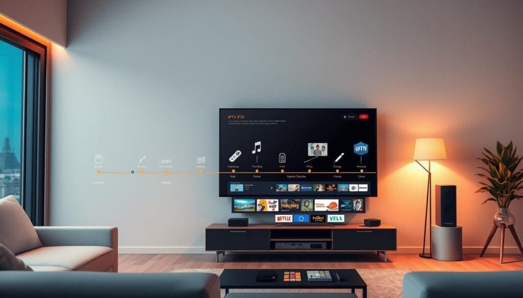 A visually captivating illustration depicting the evolution of IPTV in France. In the foreground, showcase a sleek modern living room with a smart TV displaying various IPTV interfaces, symbolizing user choices. The middle ground features a timeline showcasing significant milestones in IPTV technology, with icons or imagery representing early TV broadcasts, the rise of streaming services, and current user experiences. In the background, depict a stylized skyline of a French city, hinting at urban life and connectivity. Utilize warm, inviting lighting to create a welcoming atmosphere, and incorporate a shallow depth of field to focus on the IPTV elements. The overall mood should be innovative yet reassuring, embodying the expertise of KING365FR in providing premium IPTV packages. Aim for a clean and professional aesthetic throughout. A visually captivating illustration depicting the evolution of IPTV in France. In the foreground, showcase a sleek modern living room with a smart TV displaying various IPTV interfaces, symbolizing user choices. The middle ground features a timeline showcasing significant milestones in IPTV technology, with icons or imagery representing early TV broadcasts, the rise of streaming services, and current user experiences. In the background, depict a stylized skyline of a French city, hinting at urban life and connectivity. Utilize warm, inviting lighting to create a welcoming atmosphere, and incorporate a shallow depth of field to focus on the IPTV elements. The overall mood should be innovative yet reassuring, embodying the expertise of KING365FR in providing premium IPTV packages. Aim for a clean and professional aesthetic throughout.