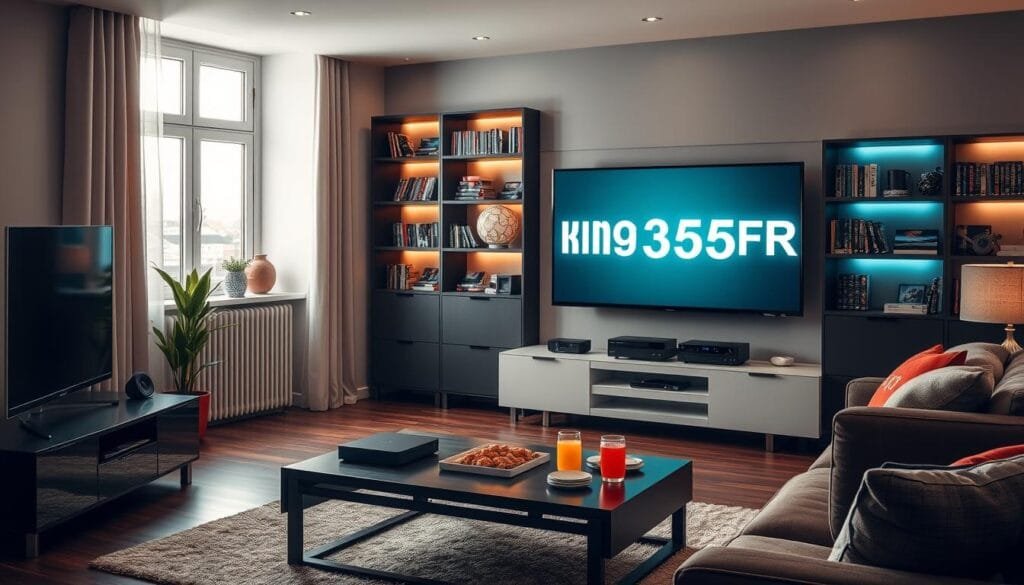 An inviting living room scene showcasing a modern entertainment setup. In the foreground, a large flat-screen TV displays a glowing logo of "KING365FR," presenting a symbol of premium IPTV services. Surrounding the TV, a sleek media console holds various devices, reflecting a tech-savvy environment. In the middle ground, a cozy sofa filled with colorful cushions invites relaxation, while a stylish coffee table features snacks and drinks, setting a perfect mood for entertainment. The background features softly lit shelves with DVDs and books, contributing to a warm, welcoming atmosphere. Natural light streams in through a window, illuminating the room and creating a serene ambiance, ideal for enjoying high-quality streaming content. An inviting living room scene showcasing a modern entertainment setup. In the foreground, a large flat-screen TV displays a glowing logo of "KING365FR," presenting a symbol of premium IPTV services. Surrounding the TV, a sleek media console holds various devices, reflecting a tech-savvy environment. In the middle ground, a cozy sofa filled with colorful cushions invites relaxation, while a stylish coffee table features snacks and drinks, setting a perfect mood for entertainment. The background features softly lit shelves with DVDs and books, contributing to a warm, welcoming atmosphere. Natural light streams in through a window, illuminating the room and creating a serene ambiance, ideal for enjoying high-quality streaming content.